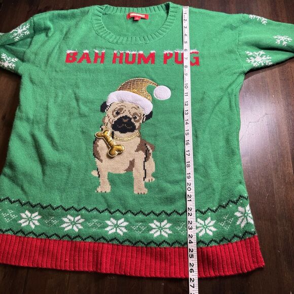 Holiday Traditions Bah Hum Pug Christmas Sweater Sequin Pug Dog Snowflake L - Picture 9 of 10